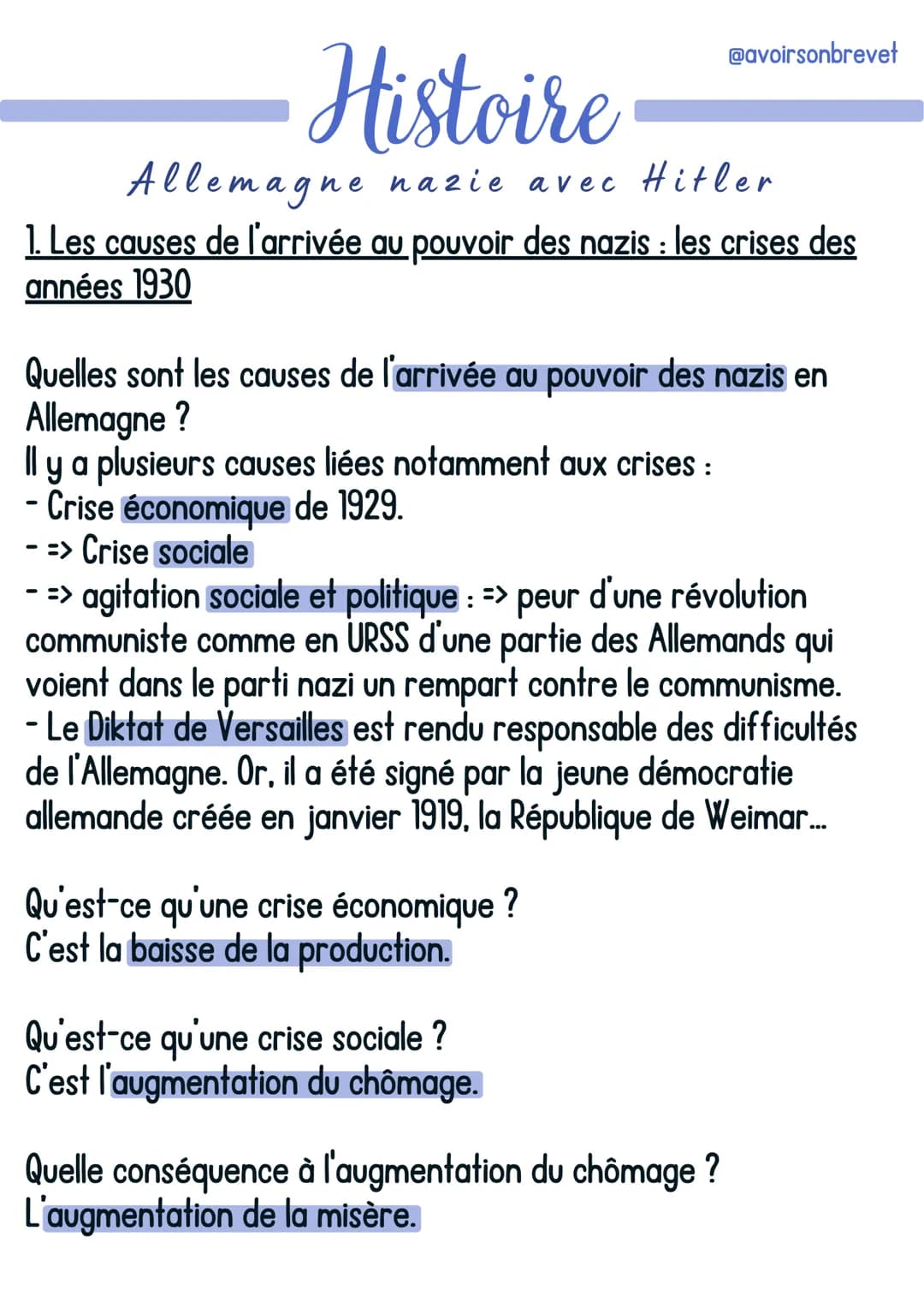 # Histoire
@avoirsonbrevet

Allemagne nazie avec Hitler

1. Les causes de l'arrivée au pouvoir des nazis : les crises des
années 1930

Quell