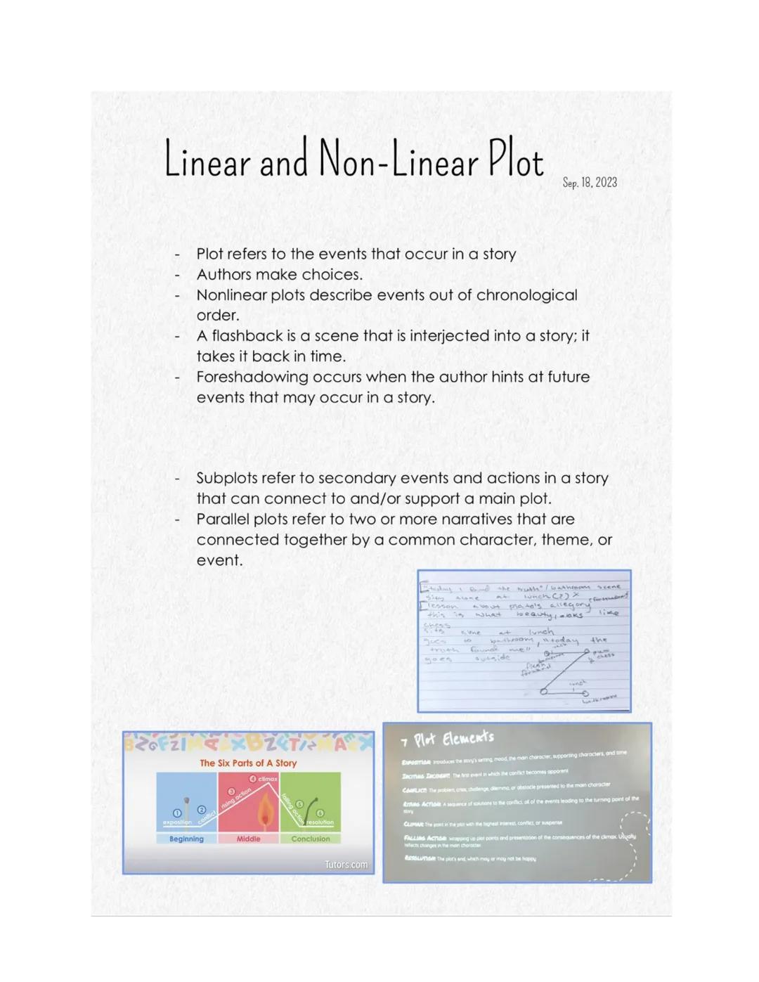 # Linear and Non-Linear Plot

Sep. 18, 2023

- Plot refers to the events that occur in a story
- Authors make choices.
- Nonlinear plots des