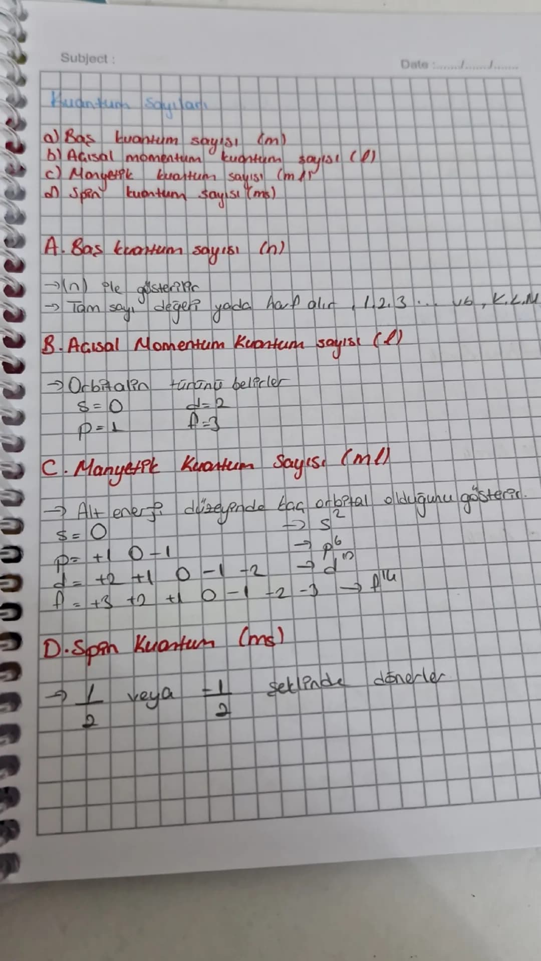 Subject:

Kuantum Sayıları
a) Baş kuantum sayısı (m)
b) Açısal momentum kuantum sayısı (1)
c) Monuerik kuartum sayısı (m1r
d) Spin kuontum s