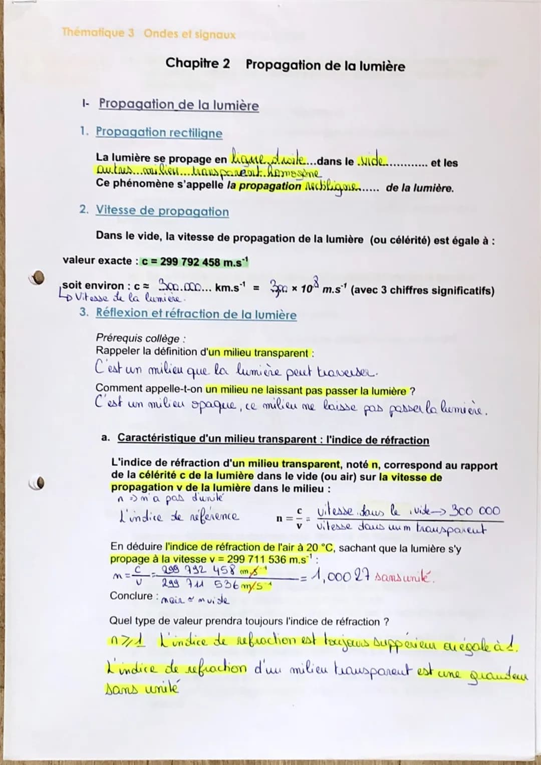 # Thématique 3 Ondes et signaux

## Chapitre 2 Propagation de la lumière

1- Propagation de la lumière

### 1. Propagation rectiligne

La lu