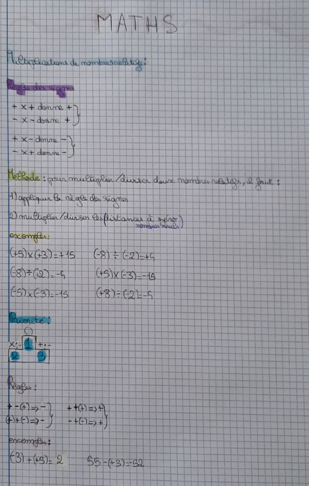 MATHS

Multiplications de nombres nuo tie:

χαθώ το χαρ το
+ x + donne +
- x - domume +
+}
+x-denne-
-X+ denne-

Methode : pour multiplin/du