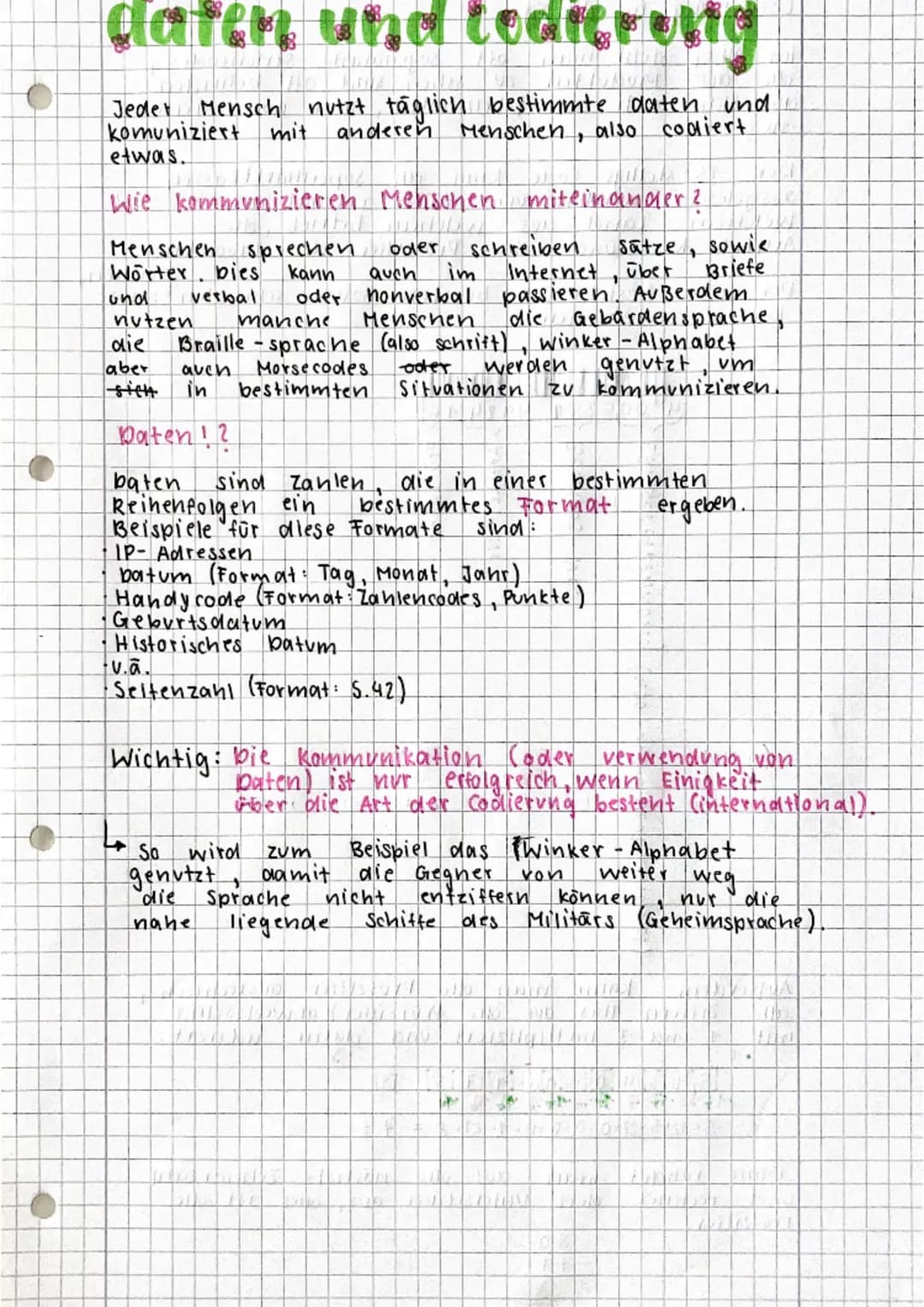 Jeder Mensch nutzt täglich bestimmte daten und
komuniziert mit anderen Menschen, also codiert
etwas.

Wie kommunizieren Menschen miteinander