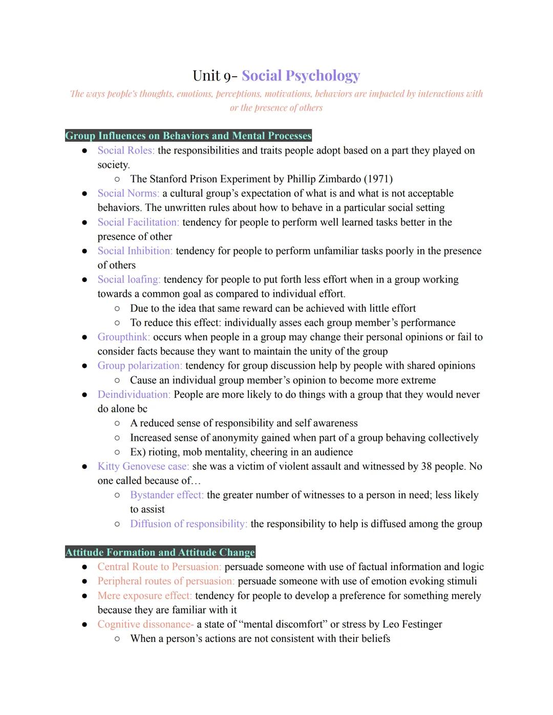 # Unit 9- Social Psychology
The ways people's thoughts, emotions, perceptions, motivations, behaviors are impacted by interactions with
or t