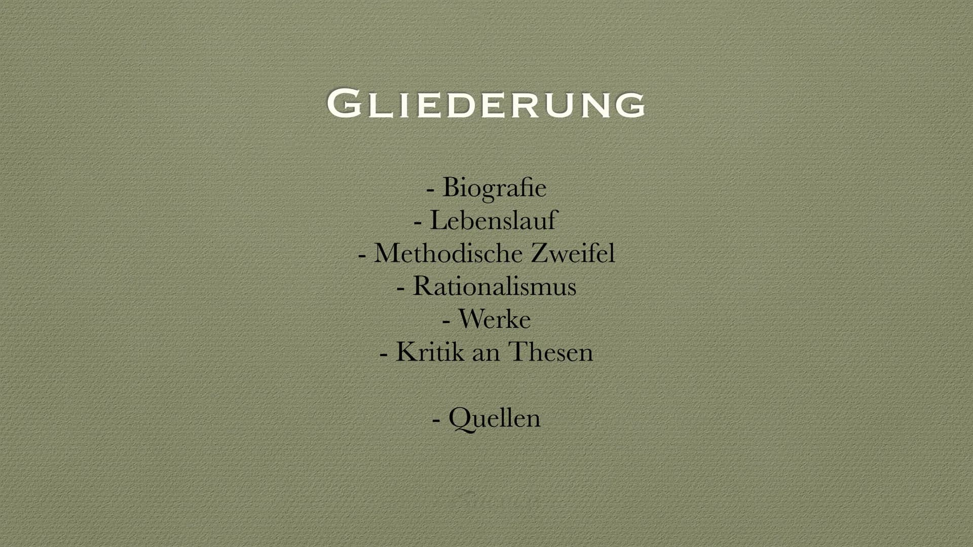 # RENÉ DESCARTES

„ICH DENKE, ALSO BIN ICH“

PHILOSOPHIE REFERAT

JULIA BACKHAUS GLIEDERUNG

- Biografie
- Lebenslauf
- Methodische Zweifel
