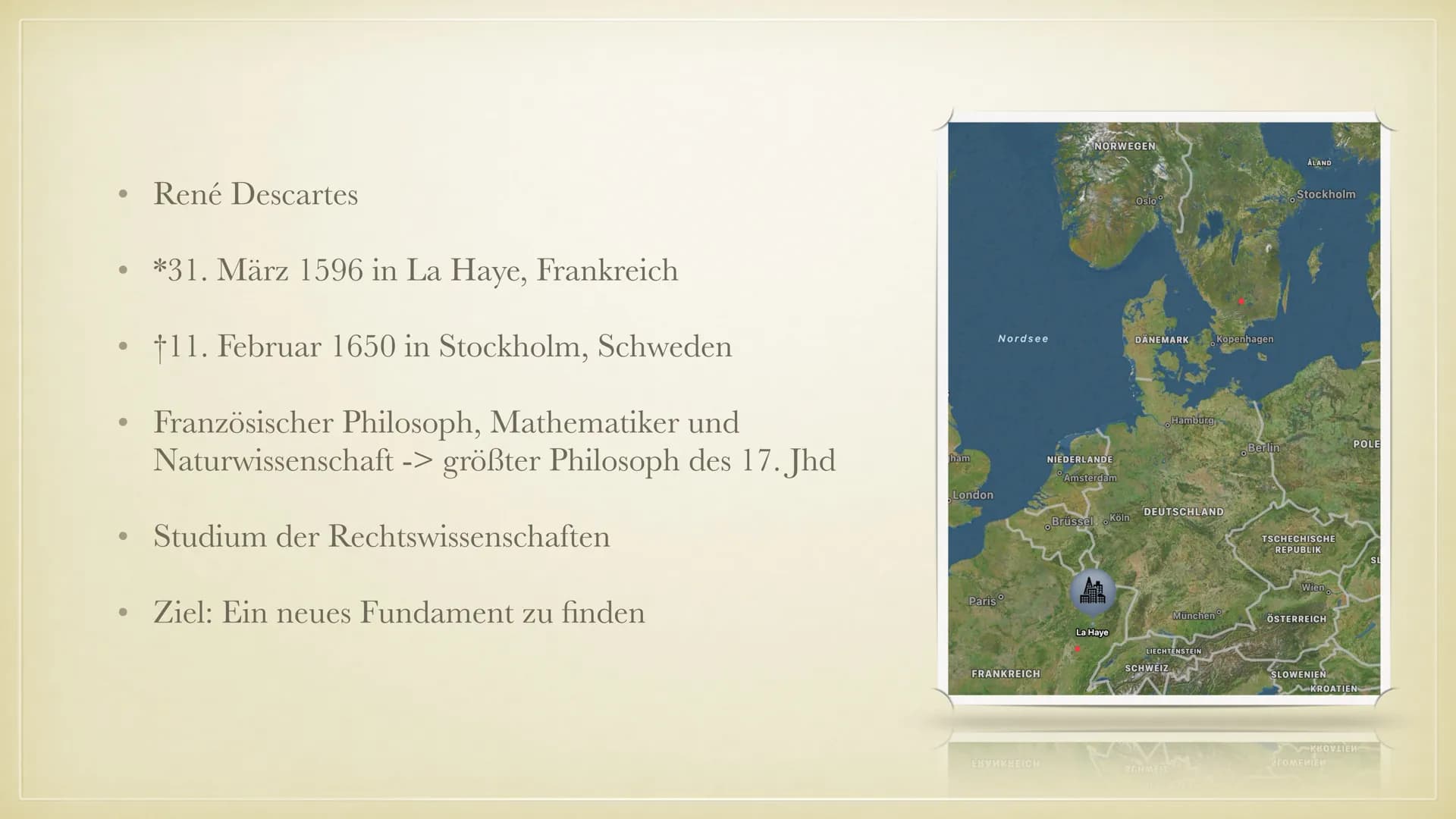 # RENÉ DESCARTES

„ICH DENKE, ALSO BIN ICH“

PHILOSOPHIE REFERAT

JULIA BACKHAUS GLIEDERUNG

- Biografie
- Lebenslauf
- Methodische Zweifel

