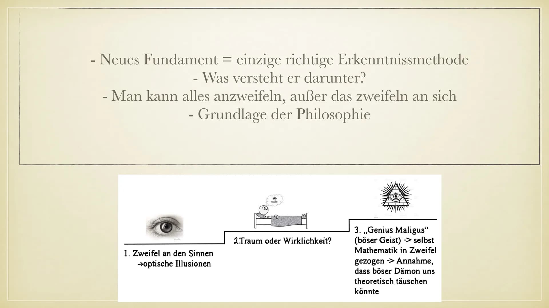 # RENÉ DESCARTES

„ICH DENKE, ALSO BIN ICH“

PHILOSOPHIE REFERAT

JULIA BACKHAUS GLIEDERUNG

- Biografie
- Lebenslauf
- Methodische Zweifel
