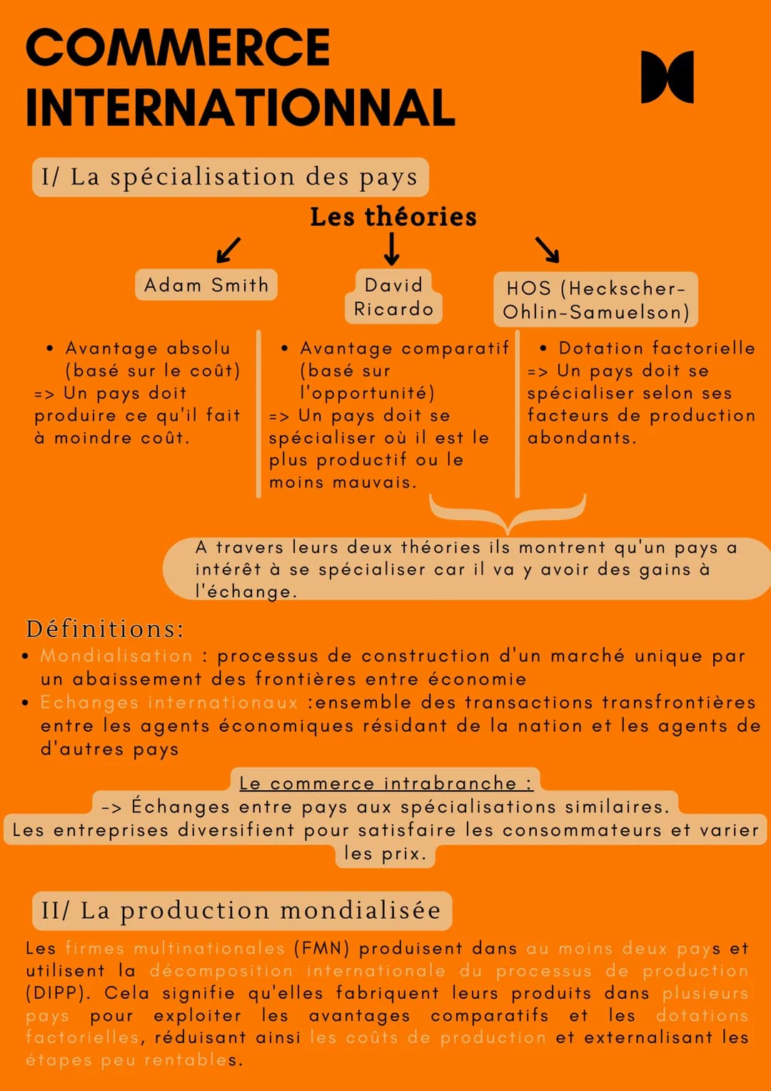 # COMMERCE
# INTERNATIONNAL

I/ La spécialisation des pays

Les théories

Adam Smith

↓

David
Ricardo

HOS (Heckscher-
Ohlin-Samuelson)

• 