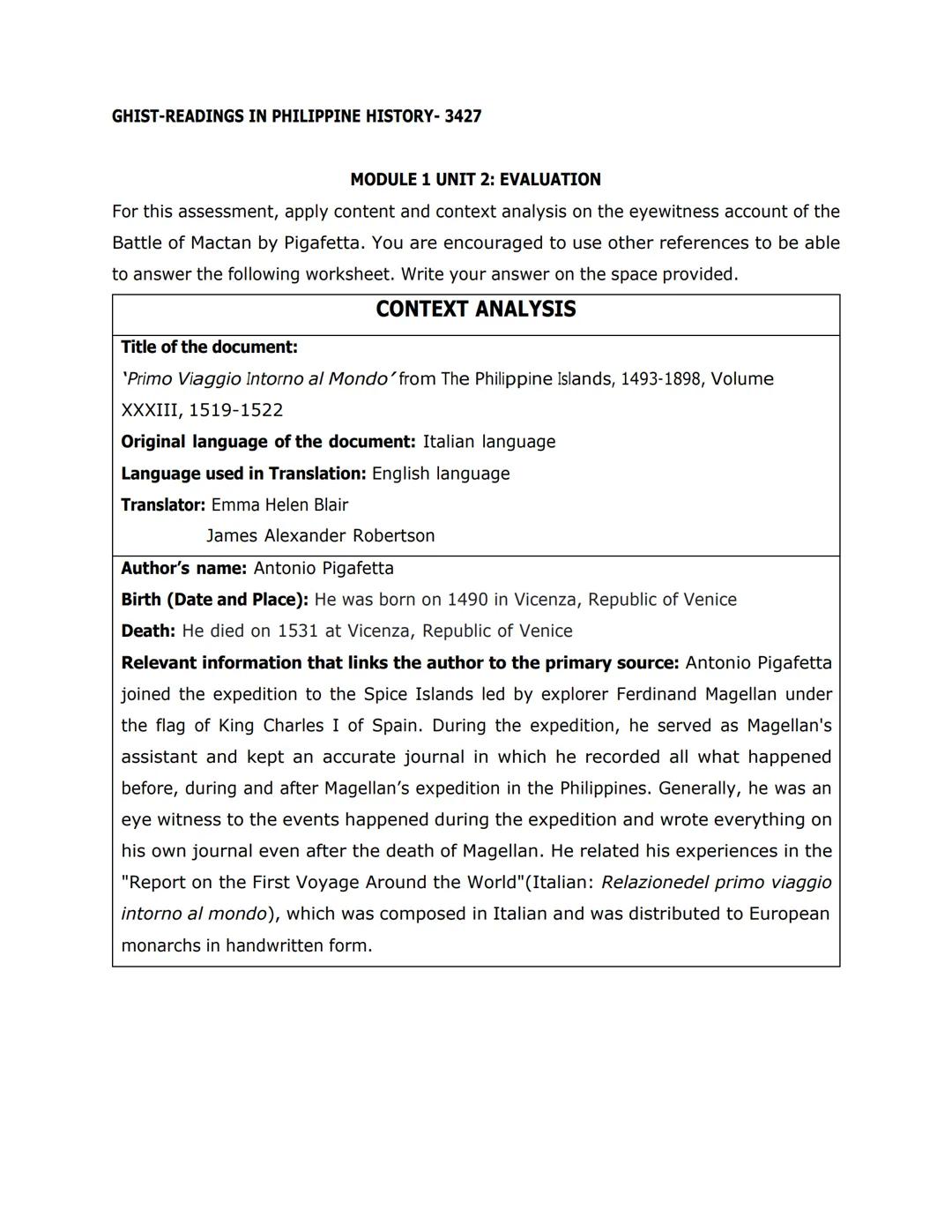 # GHIST-READINGS IN PHILIPPINE HISTORY-3427

## MODULE 1 UNIT 2: EVALUATION

For this assessment, apply content and context analysis on the 