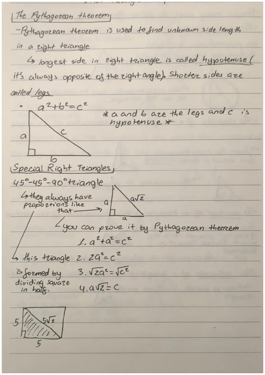 # The Pythagorean theoremy

-Pythagorean theorem is used to find unknown side leng th
in a right triangle

↳ longest side in zight triangle 