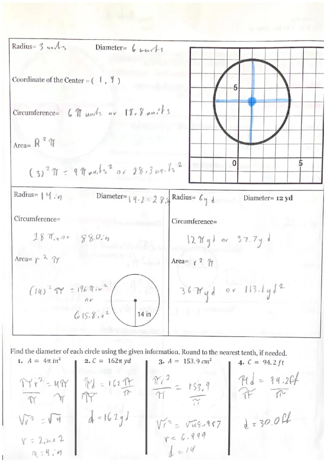 Radius - the distance from the center to the edge of the circle.
The radius is half the length of the diameter. Use r for radius.

Diameter-