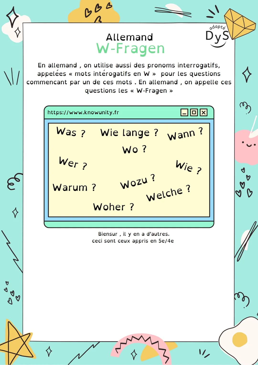BBB

Allemand
W-Fragen

adapté
DyS

En allemand, on utilise aussi des pronoms interrogatifs,
appelées << mots intérogatifs en W >> pour les 