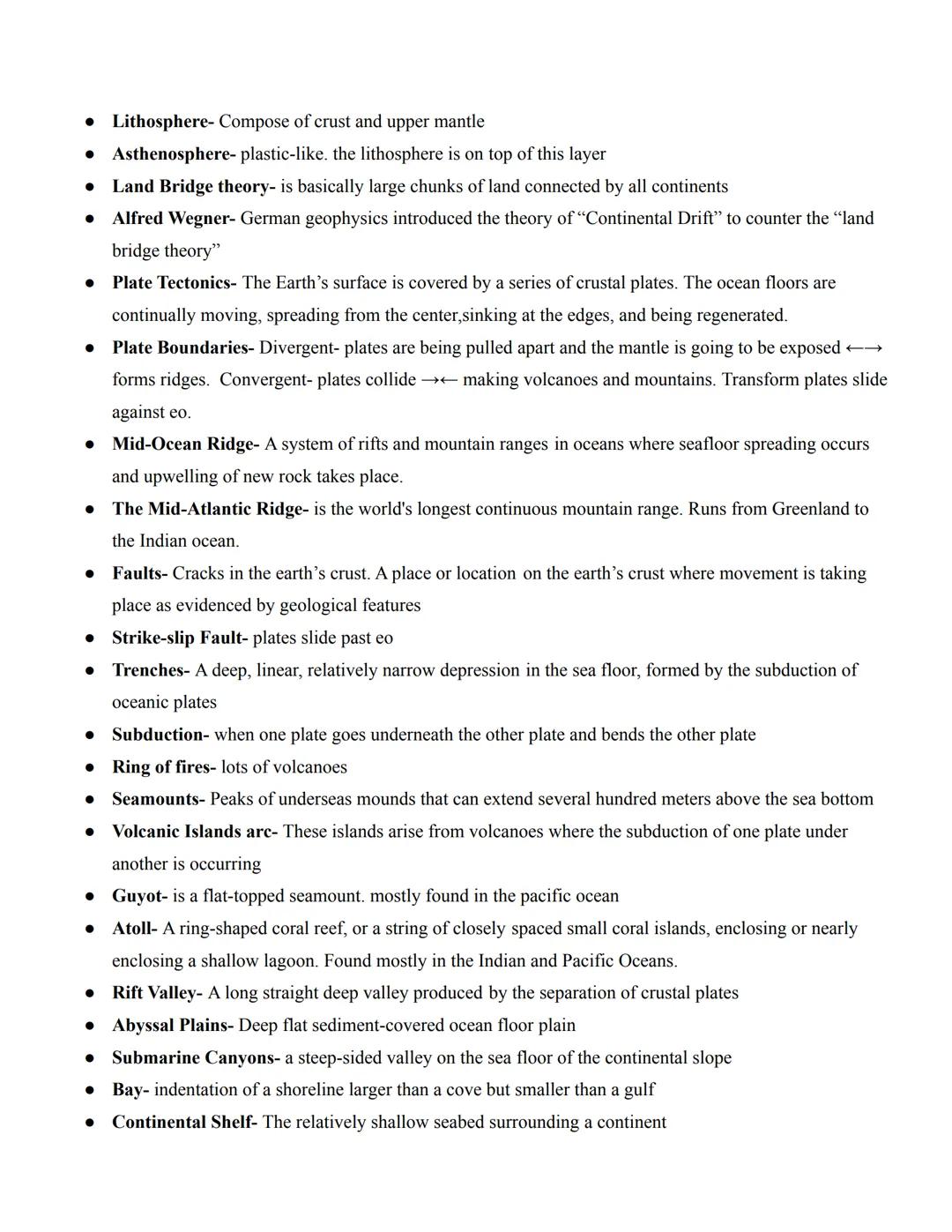 - Lithosphere- Compose of crust and upper mantle
- Asthenosphere- plastic-like. the lithosphere is on top of this layer
- Land Bridge theory