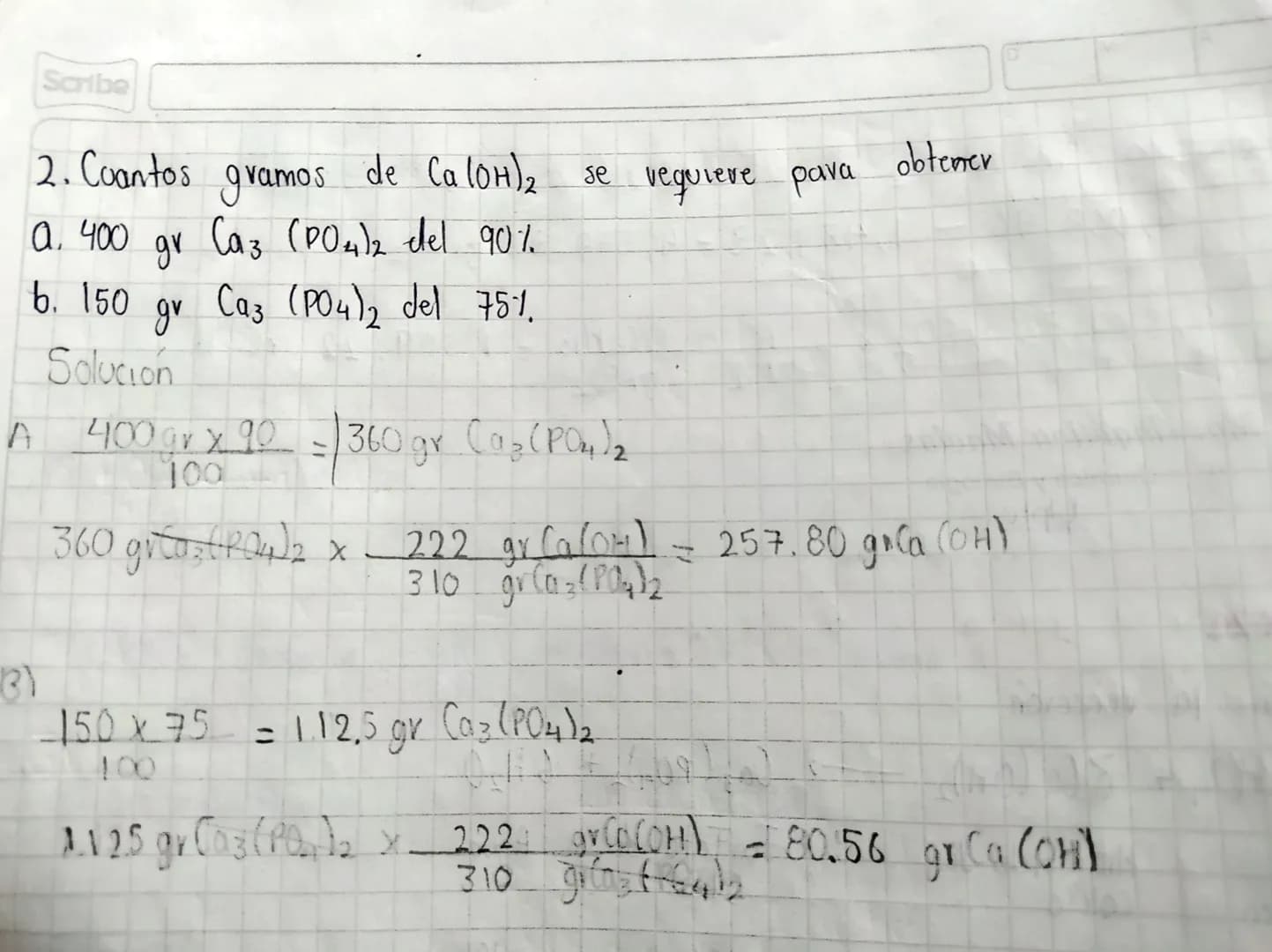 Pureza

Según la veacción

$2H₃PO₄ + 3Ca(OH)_2 \longrightarrow Ca_3(PO_4)_2 + 6H₂O$

Acido Hidroxido de Fosfato de Agua
Fosforico calcio Cal