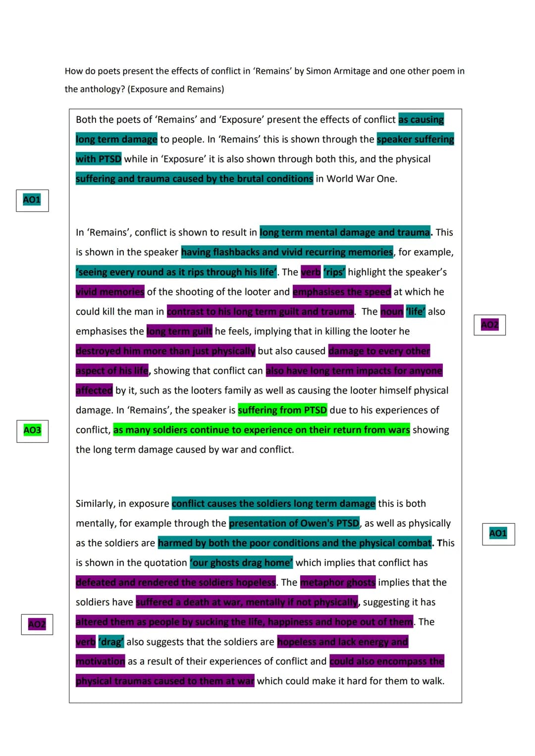How do poets present the effects of conflict in 'Remains' by Simon Armitage and one other poem in
the anthology? (Exposure and Remains)

Bot