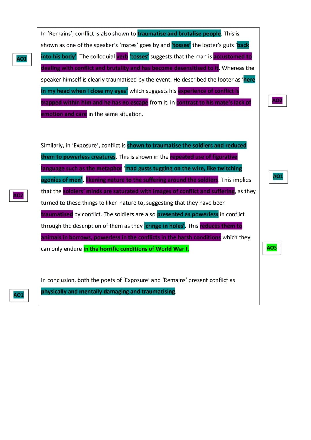 How do poets present the effects of conflict in 'Remains' by Simon Armitage and one other poem in
the anthology? (Exposure and Remains)

Bot