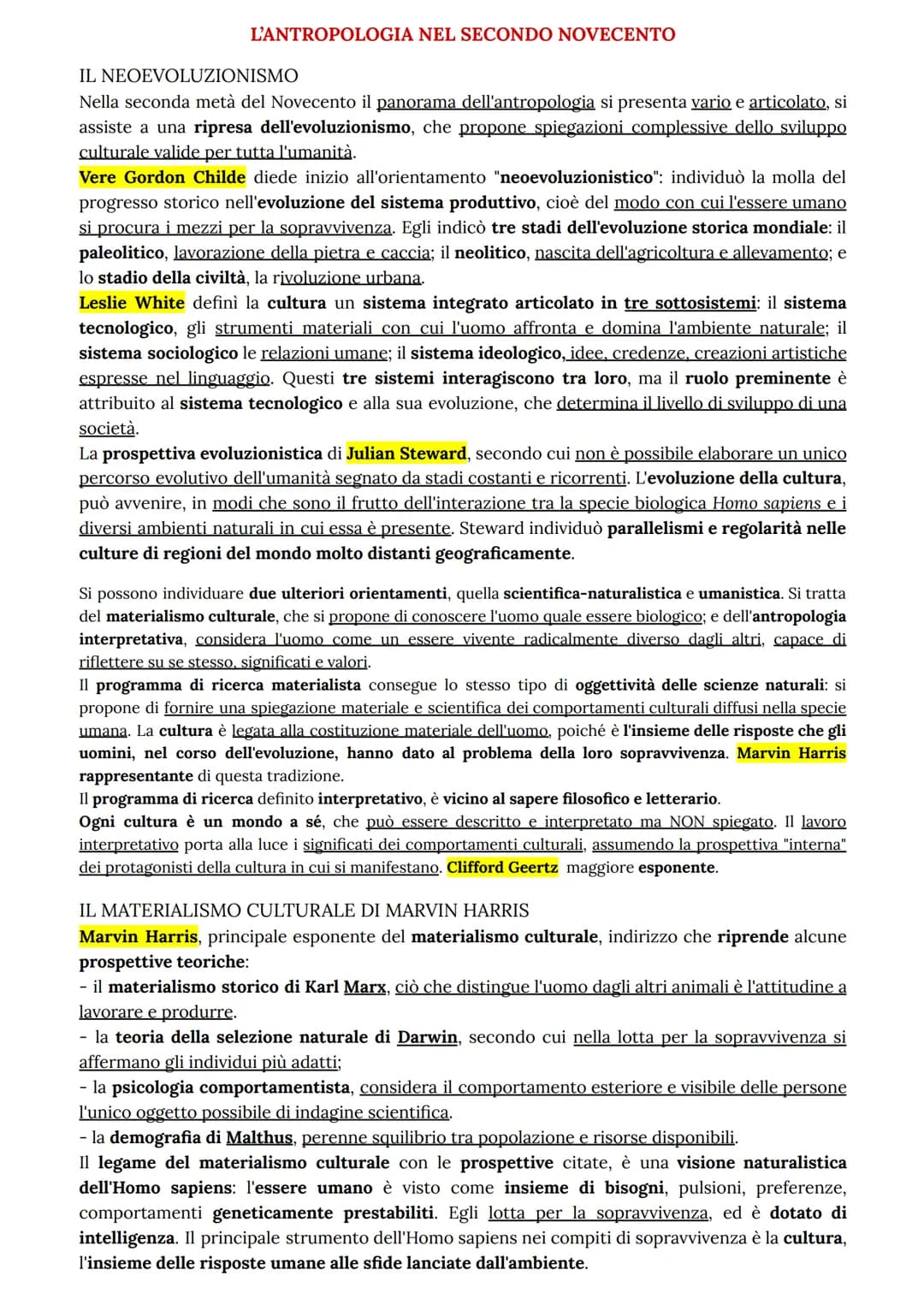 # L'ANTROPOLOGIA NEL SECONDO NOVECENTO

## IL NEOEVOLUZIONISMO

Nella seconda metà del Novecento il panorama dell'antropologia si presenta v