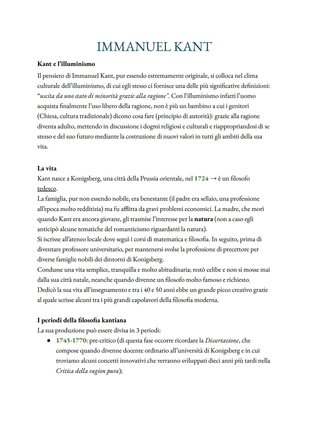 # IMMANUEL KANT

Kant e l'illuminismo

Il pensiero di Immanuel Kant, pur essendo estremamente originale, si colloca nel clima
culturale dell