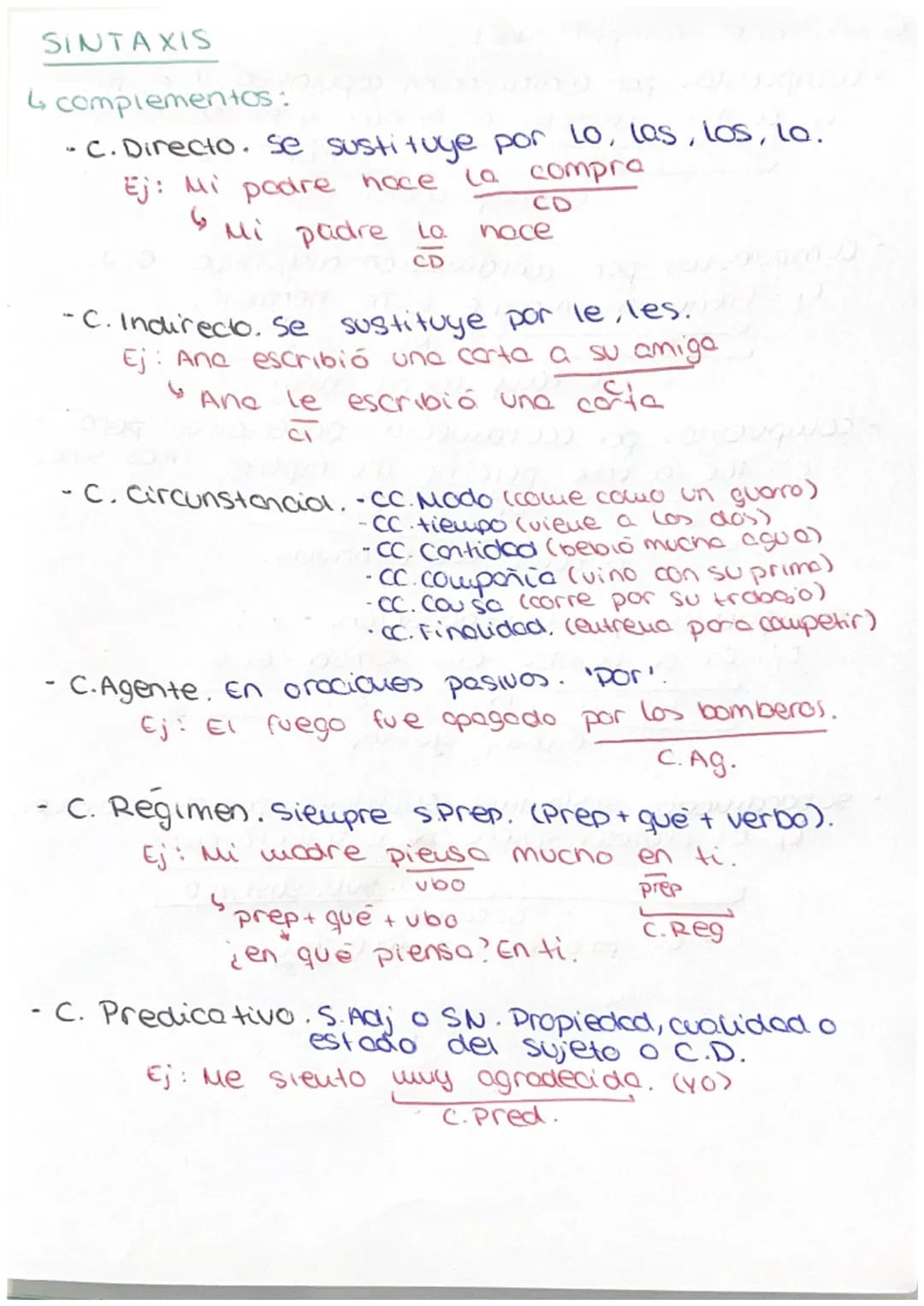 SINTAXIS

4 complementos:

- C. Directo. Se sustituye por Lo, las, los, lo.
Ej: Mi poare noce la compra
CD
Mi padre la noce
CD
- C. Indirect