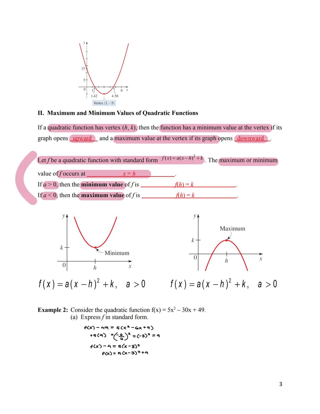 # Chapter 3 Polynomial and Rational Functions

3.1 Quadratic Functions and Models

A polynomial function of degree n is a function of the fo