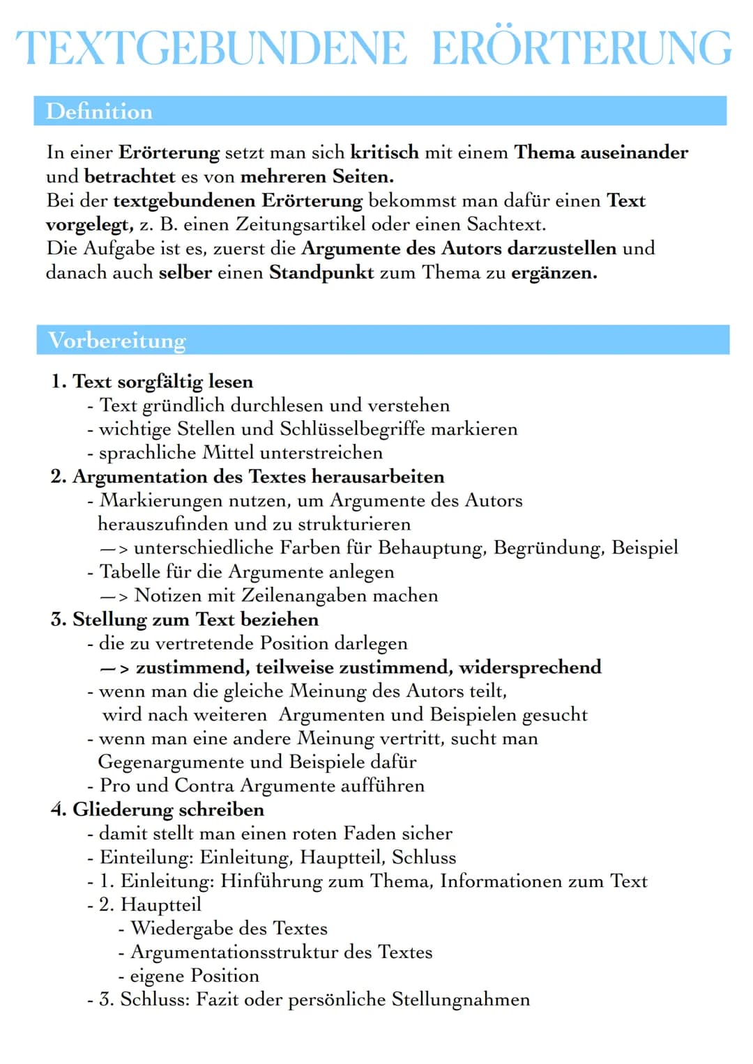 # TEXTGEBUNDENE ERÖRTERUNG

Definition

In einer Erörterung setzt man sich kritisch mit einem Thema auseinander
und betrachtet es von mehrer