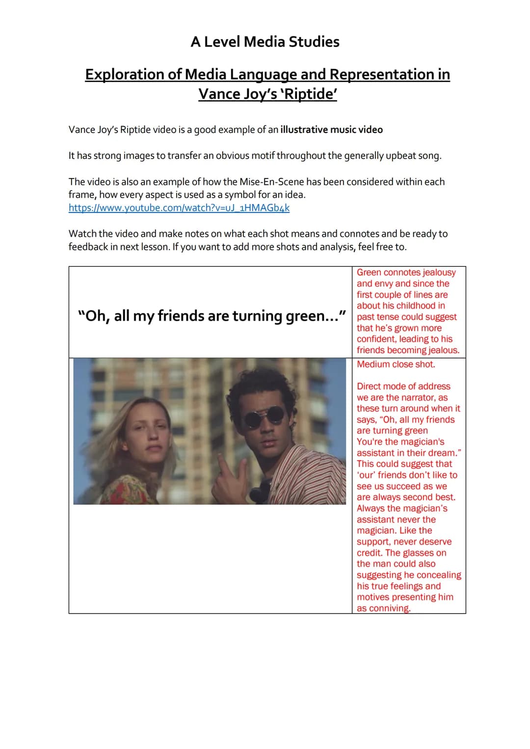 # A Level Media Studies

# Exploration of Media Language and Representation in
Vance Joy's 'Riptide'

Vance Joy's Riptide video is a good ex