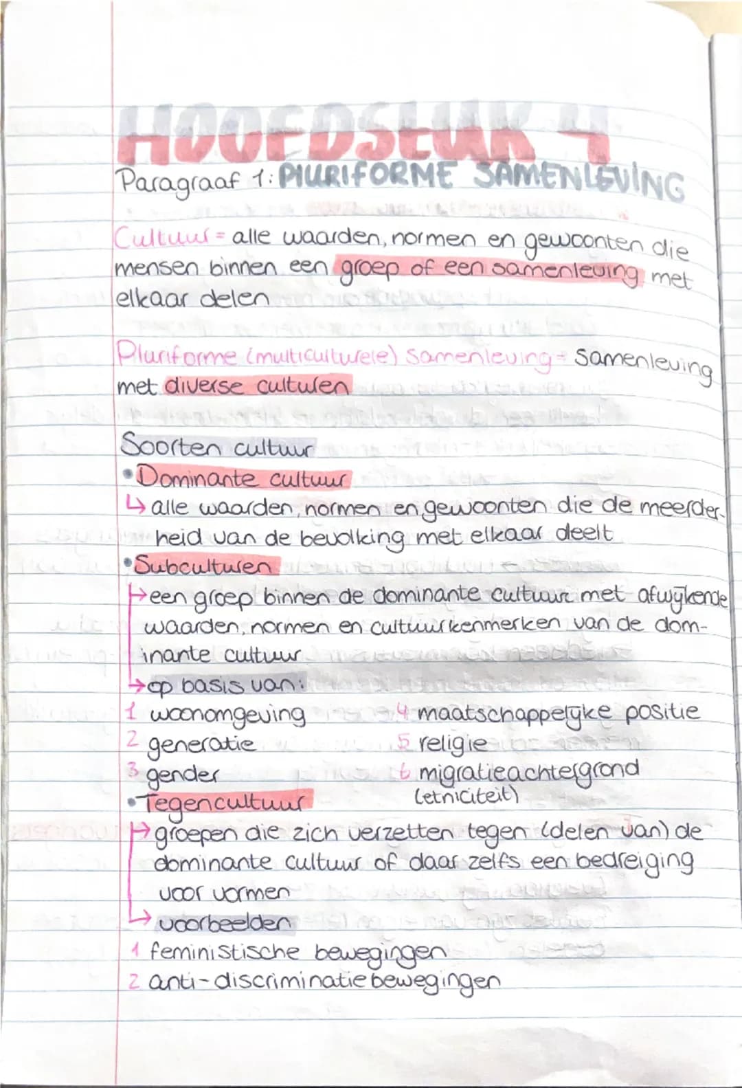 # Hoofdstuk 4

Paragraaf 1: PLURIFORME SAMENLEVING

Cultuur = alle waarden, normen en gewoonten die mensen binnen een groep of een samenlevi