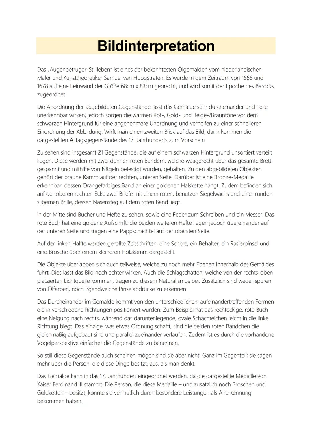 # Bildinterpretation

Das Augenbetrüger-Stillleben" ist eines der bekanntesten Ölgemälden vom niederländischen
Maler und Kunsttheoretiker Sa