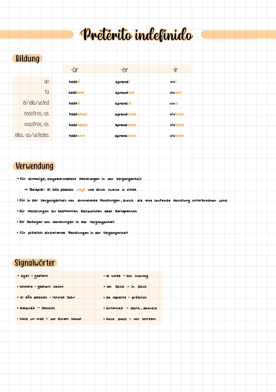 # Pretérito indefinido

Bildung

|             | -ar      | -er        | -ir       |
| :---------- | :-------- | :---------- | :-------- |
|