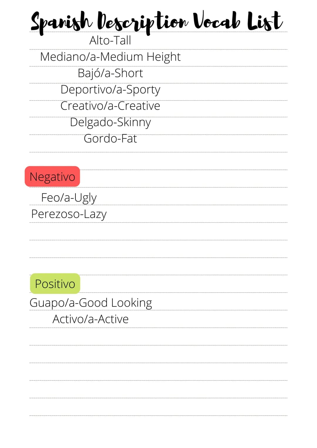 # Spanish Personality Vocab List

Positivo Adjectives

*   Alegre-Happy
*   Amable-Friendly
*   Amistoso/a-Friendly
*   Animado-Livley
*   C