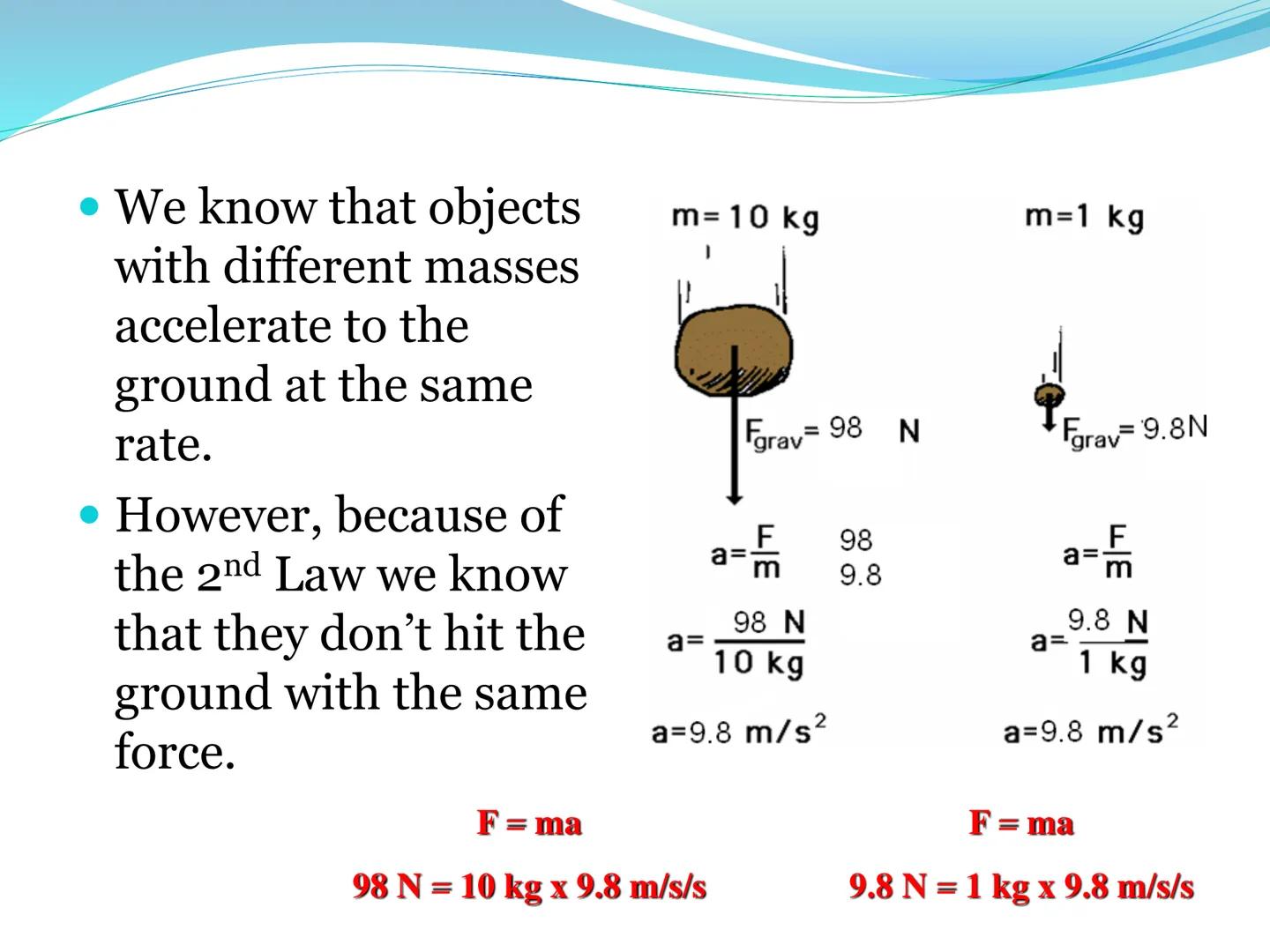 # Newton's Second Laws of Motion 2nd Law

The net force of an object is
equal to the product of its
mass and acceleration, or
F=ma. 2nd Law: