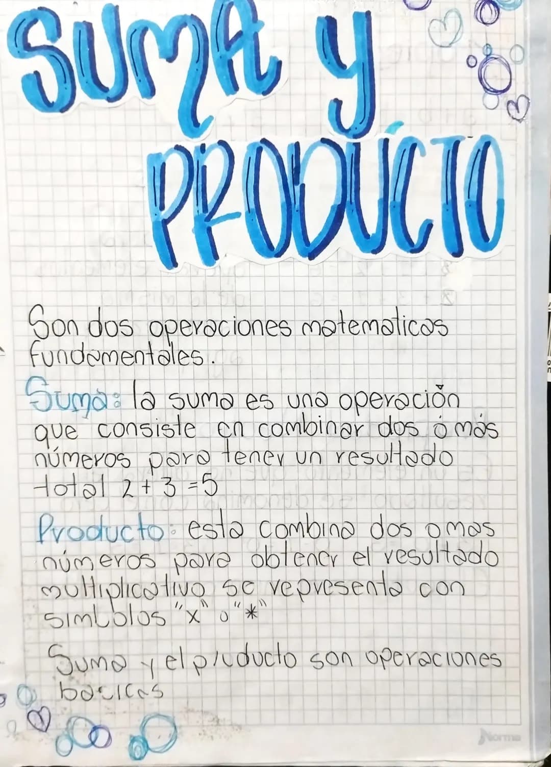 # Suma y
PRODUCTO

Son dos operaciones matematicas
- fundamentales.

Suma: la suma es una operación
que consiste en combinar dos ó más
númer