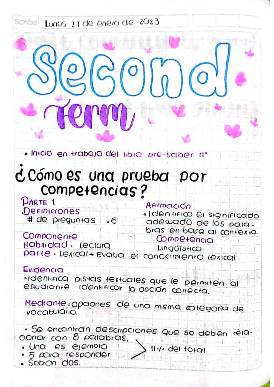 Scribe Lunes 27 de enero de 2023

Second
Term

• Inicio en trabajo del libro pre-saber 11°

¿Cómo es una prueba por
Competencias?

PARTE 1
D