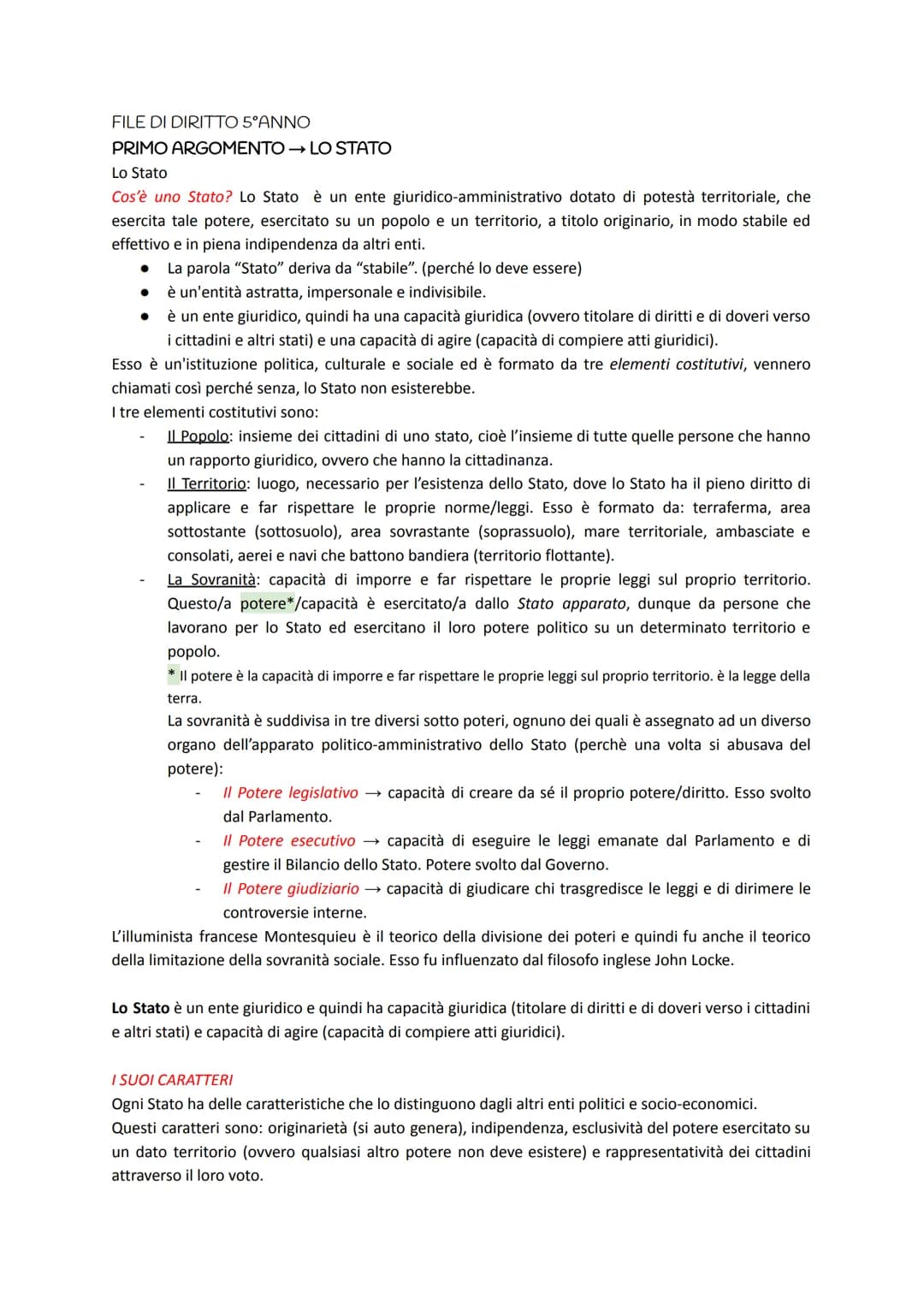 # FILE DI DIRITTO 5°ANNO

# PRIMO ARGOMENTO LO STATO

Lo Stato

Cos'è uno Stato? Lo Stato è un ente giuridico-amministrativo dotato di potes