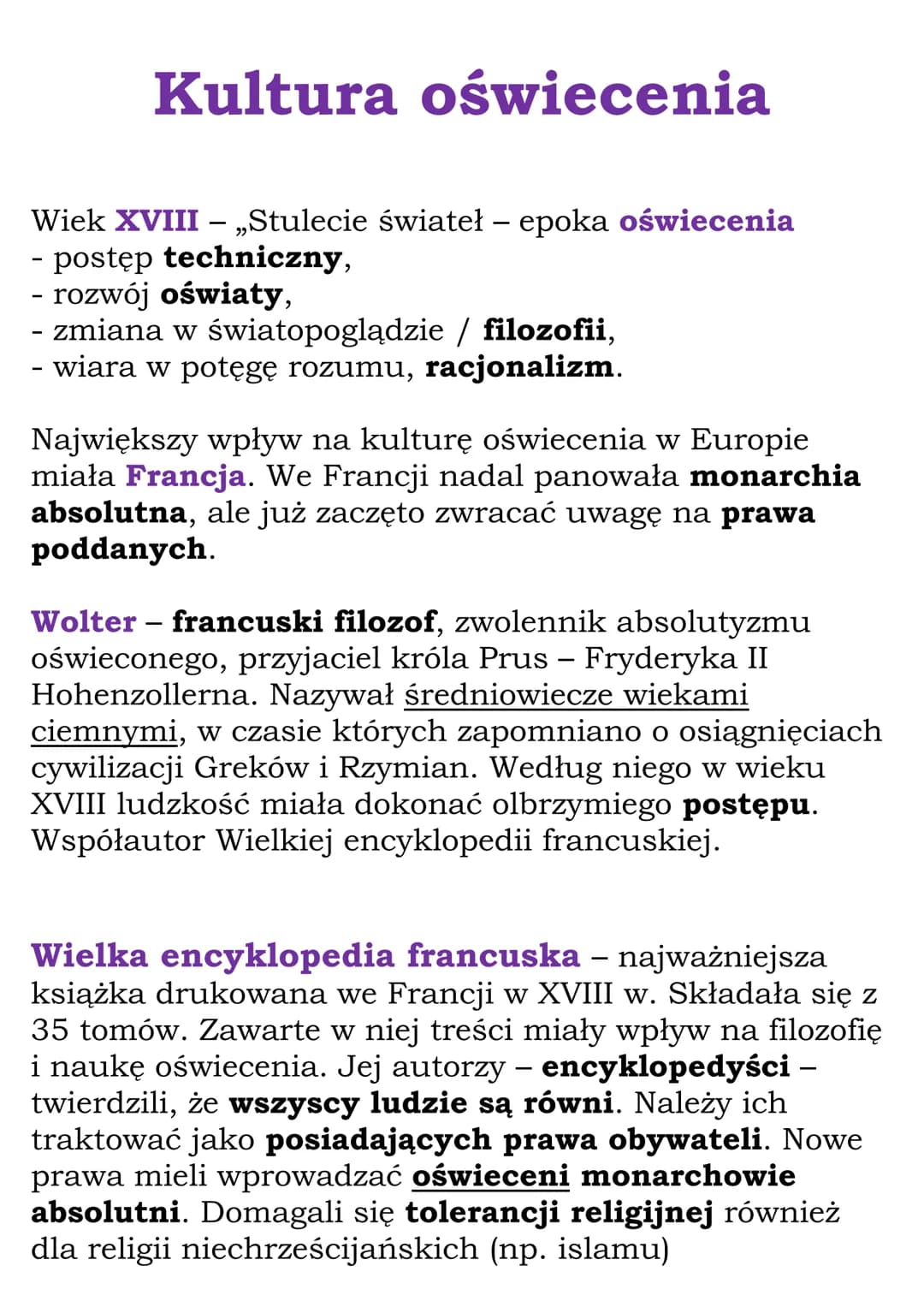 # Kultura oświecenia

Wiek XVIII - „Stulecie świateł - epoka oświecenia
- postęp techniczny,
- rozwój oświaty,
- zmiana w światopoglądzie / 