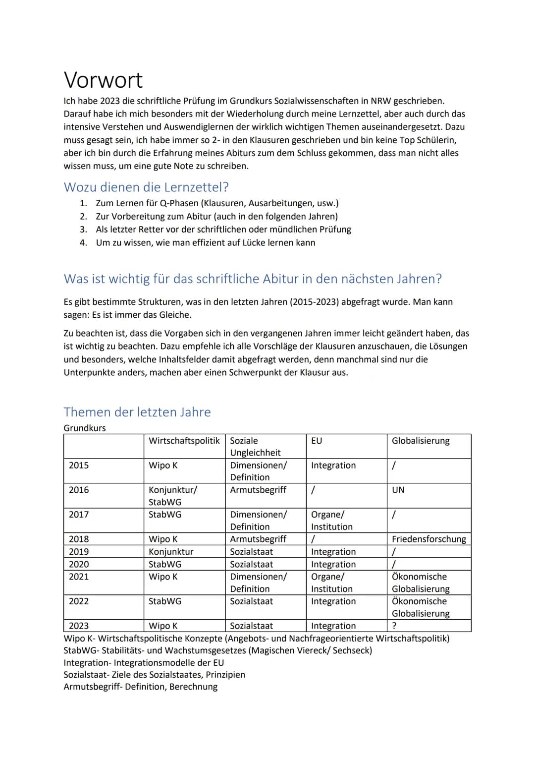 # Vorwort

Ich habe 2023 die schriftliche Prüfung im Grundkurs Sozialwissenschaften in NRW geschrieben.
Darauf habe ich mich besonders mit d