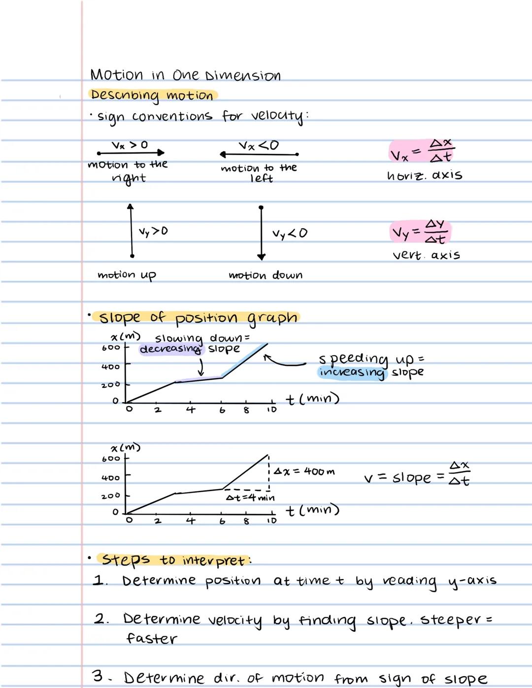 Motion in One Dimension
Describing motion
•sign conventions for velocity:

$V_x > 0$
motion to the
right

$V_y >D$
motion up

$V_x <0$
motio