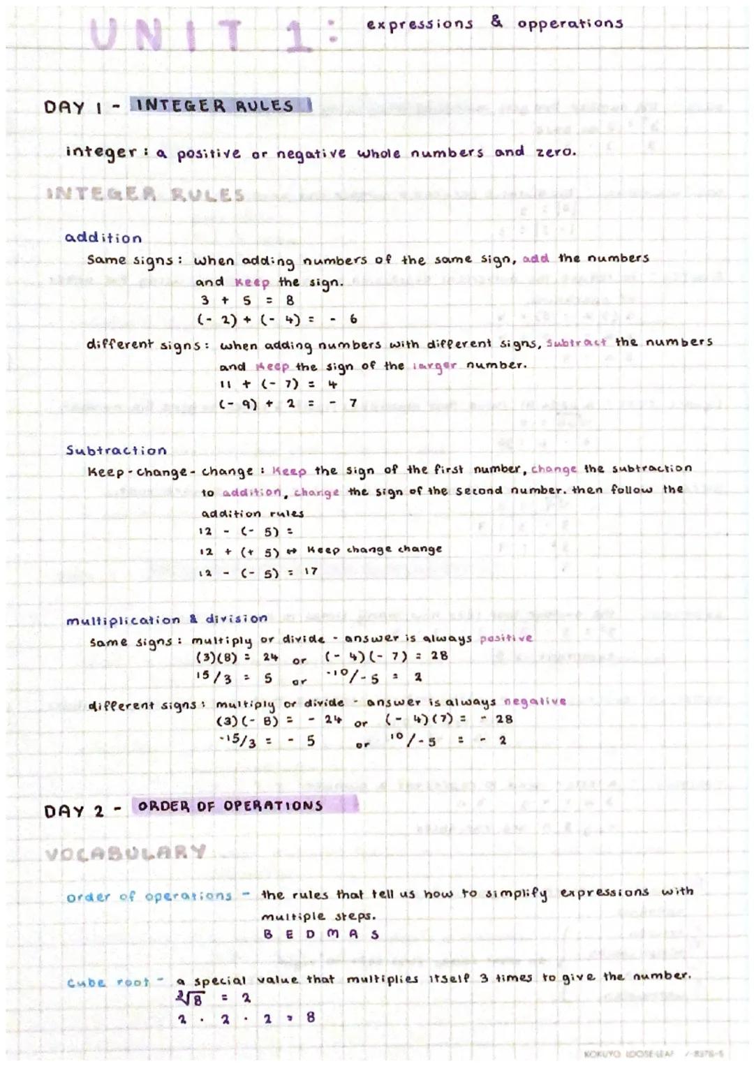 # UNIT 1:
expressions & opperations

DAY I INTEGER RULES
integer a positive or negative whole numbers and zero.

INTEGER RULES

addition
Sam