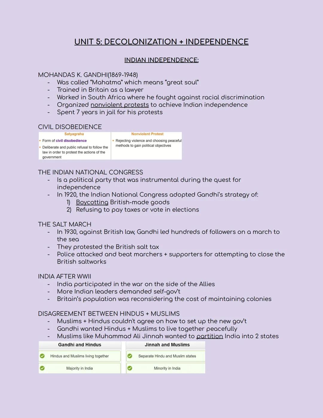 # UNIT 5: DECOLONIZATION + INDEPENDENCE

INDIAN INDEPENDENCE:

- MOHANDAS K. GANDHI (1869-1948)
- Was called "Mahatma" which means "great so