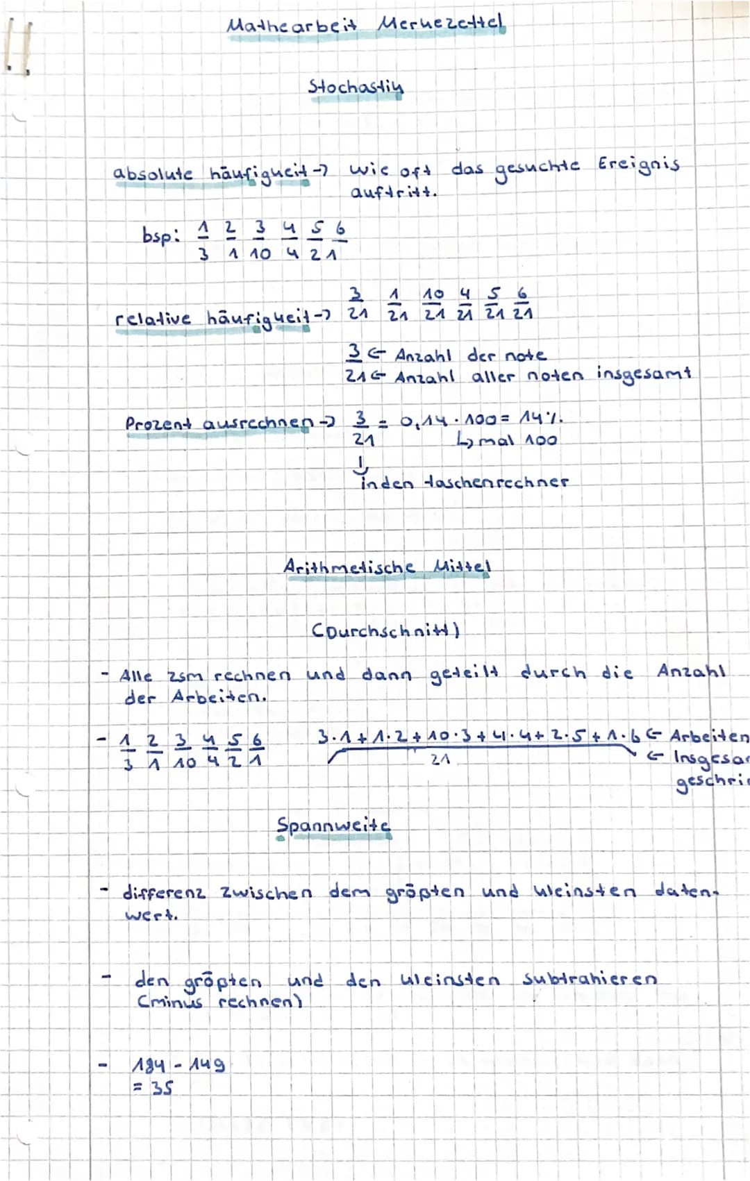 11
Mathe arbeit Meruezettel

Stochastin

absolute häufigucit-> wie oft das gesuchte Ereignis
auftritt.
bsp: 1 2 3 4 5 6
 3 1 10 4 21

relati