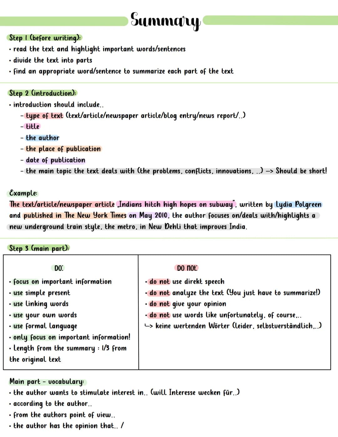 # Summary

Step I (before writing):
- read the text and highlight important words/sentences
- divide the text into parts
- find an appropria