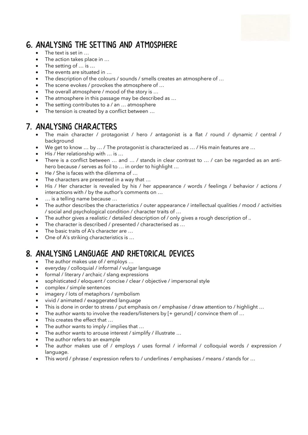 # USEFUL EXPRESSIONS FOR WRITING AN ANALYSIS

1. STRUCTURING YOUR ANALYSIS
*   In the following, [...] is analysed by focusing on [...] [= t