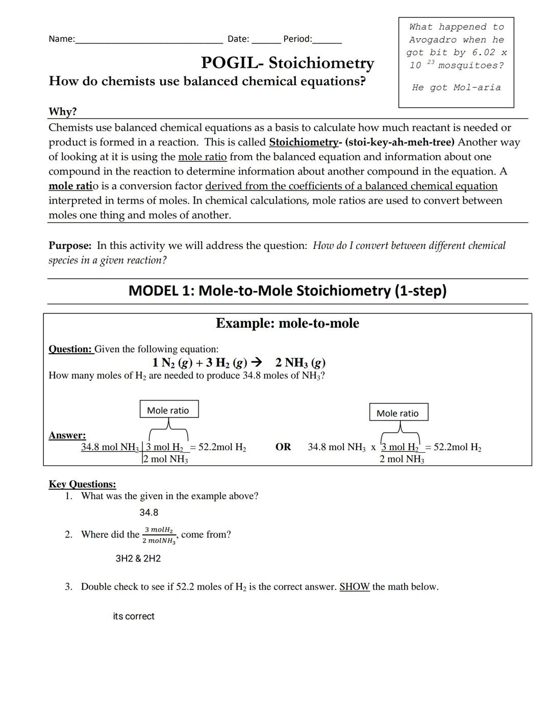 Name: _______________ Date: _______________ Period: _______________

# POGIL- Stoichiometry

## How do chemists use balanced chemical equati