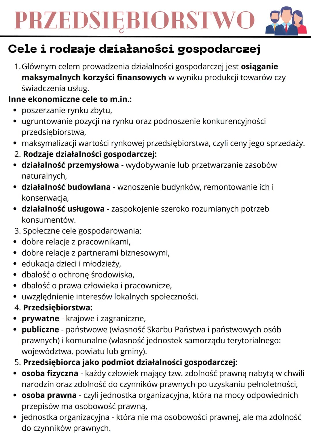 # PRZEDSIĘBIORSTWO

## Cele i rodzaje działaności gospodarczej

1. Głównym celem prowadzenia działalności gospodarczej jest osiąganie
maksym
