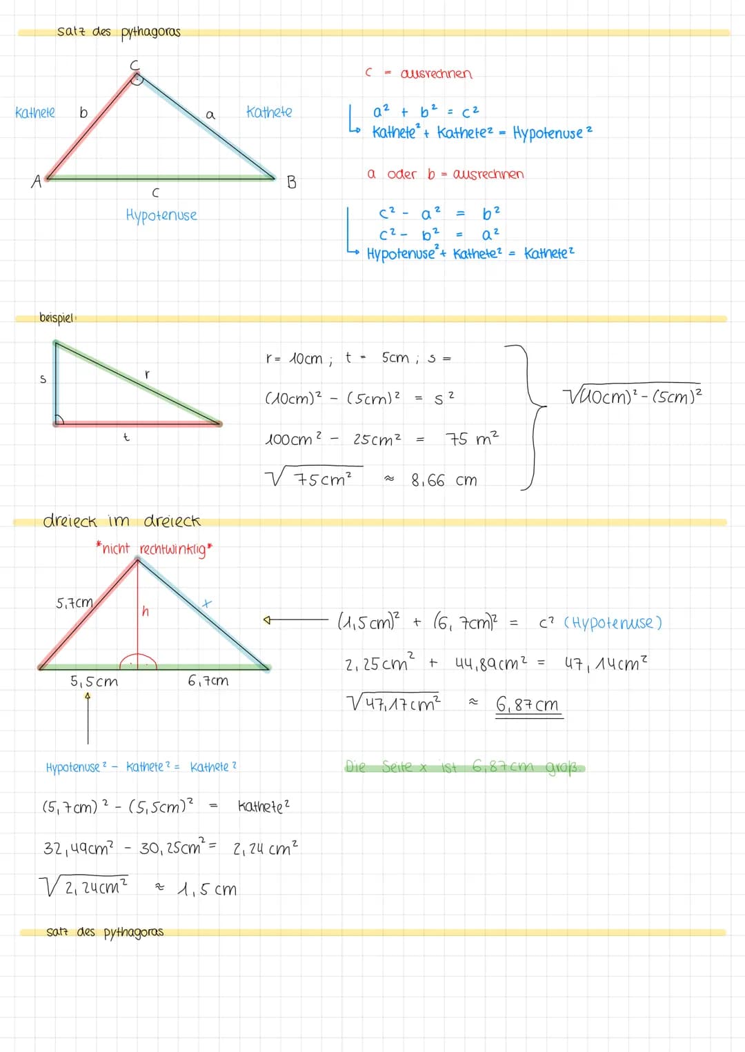 # satz des pythagoras

Kathete

A

b

C

Hypotenuse

# beispiel

S

t

# dreieck im dreieck

*nicht rechtwinklig*

5,7cm

h

a

Kathete

C

