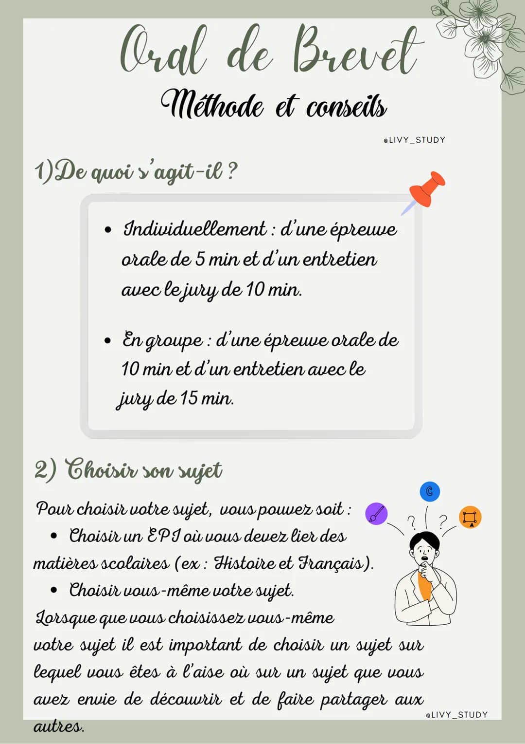 # Oral de Brevet

Méthode et conseils

1) De quoi s'agit-il?

@LIVY STUDY

*   Individuellement : d'une épreuve
orale de 5 min et d'un entre