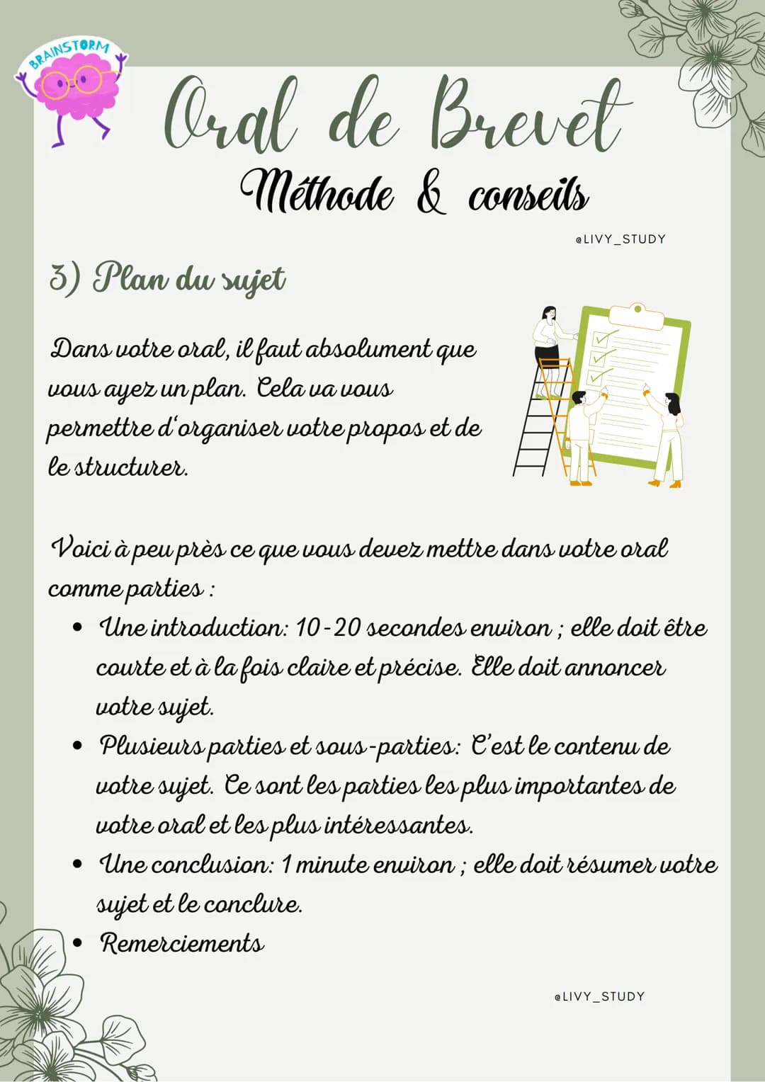 # Oral de Brevet

Méthode et conseils

1) De quoi s'agit-il?

@LIVY STUDY

*   Individuellement : d'une épreuve
orale de 5 min et d'un entre