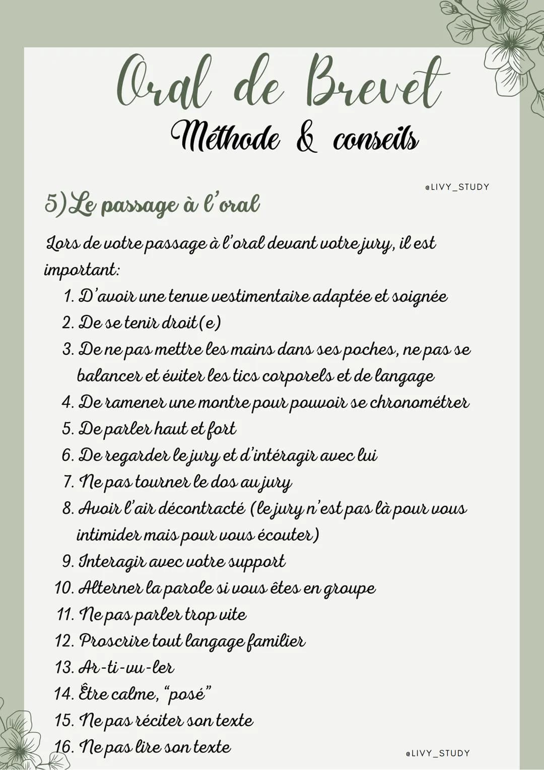 # Oral de Brevet

Méthode et conseils

1) De quoi s'agit-il?

@LIVY STUDY

*   Individuellement : d'une épreuve
orale de 5 min et d'un entre