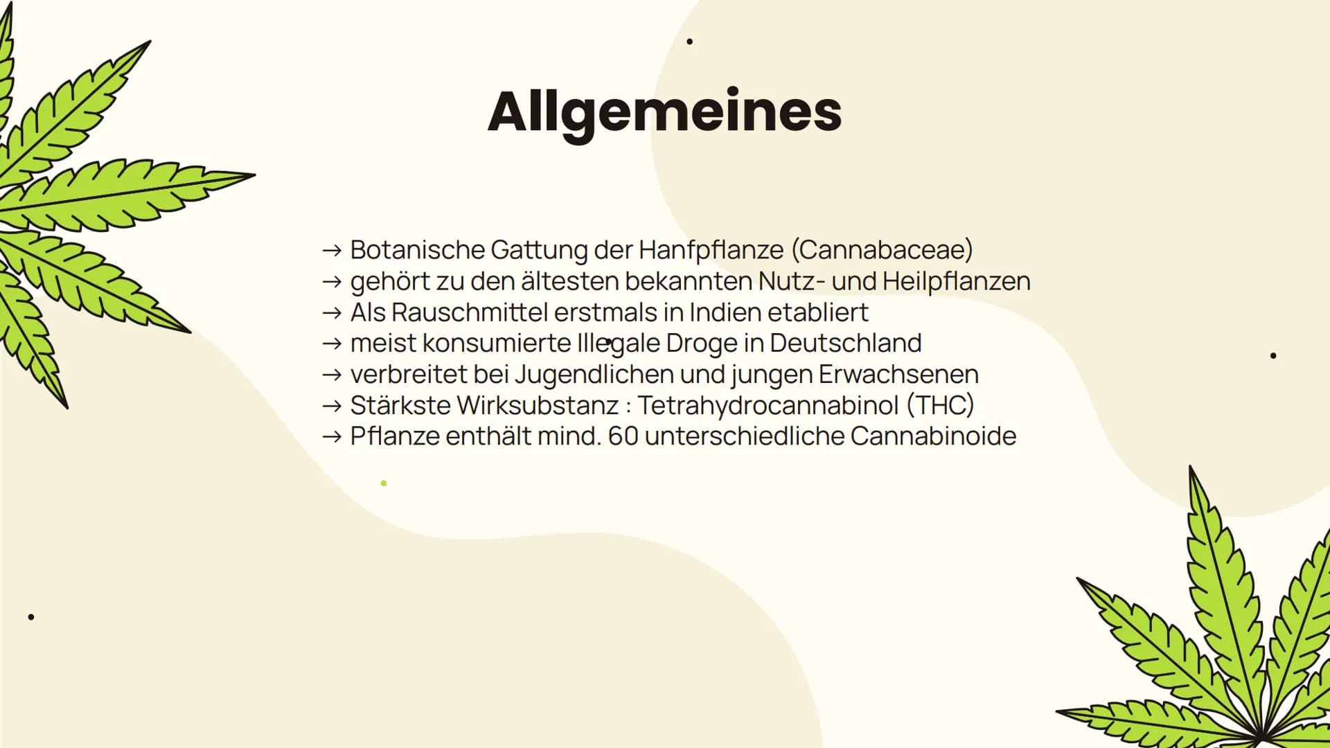 # Cannabis

... Folgen und Wirkung... Allgemeines
Aufbau, Inhaltsstoffe,
Konsumform

Suchtpotenzial

Folgen
Kurzzeitfolgen,
Langzeitfolgen

