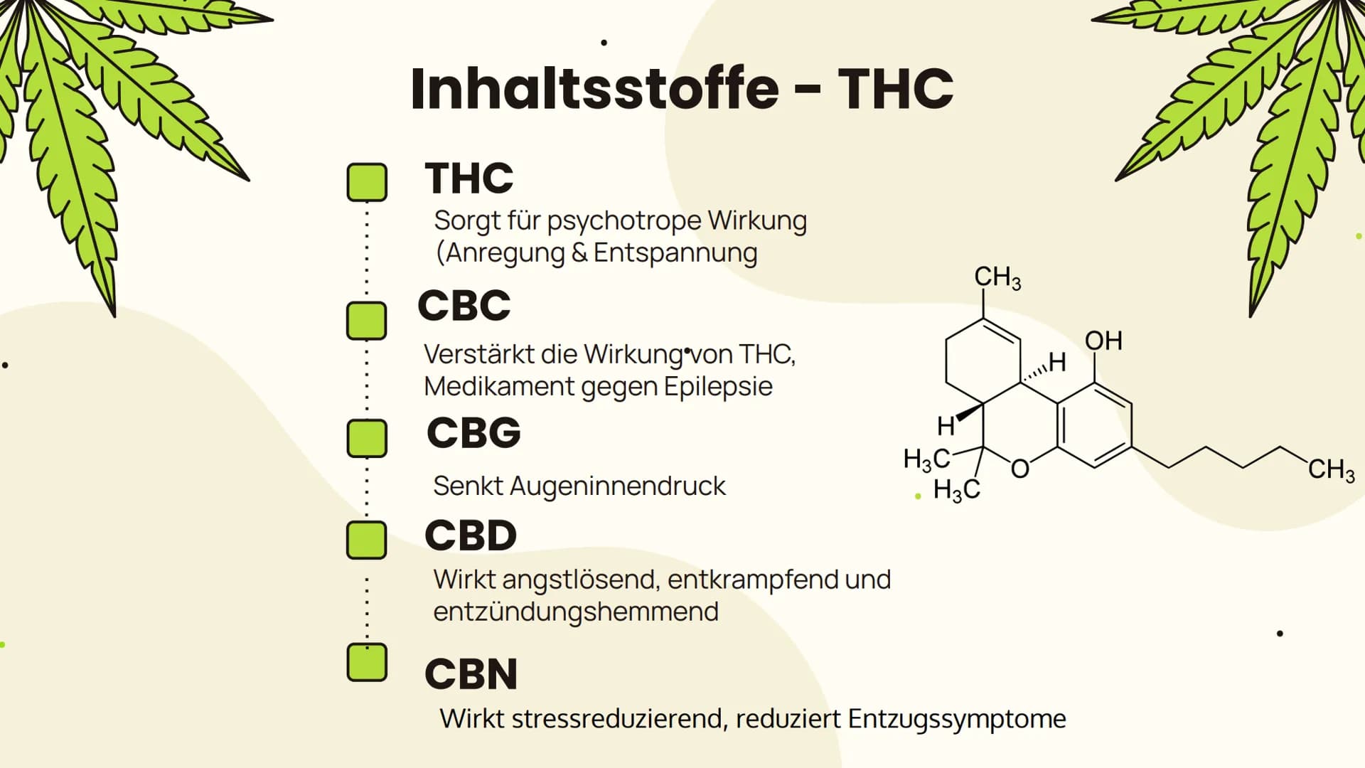 # Cannabis

... Folgen und Wirkung... Allgemeines
Aufbau, Inhaltsstoffe,
Konsumform

Suchtpotenzial

Folgen
Kurzzeitfolgen,
Langzeitfolgen

