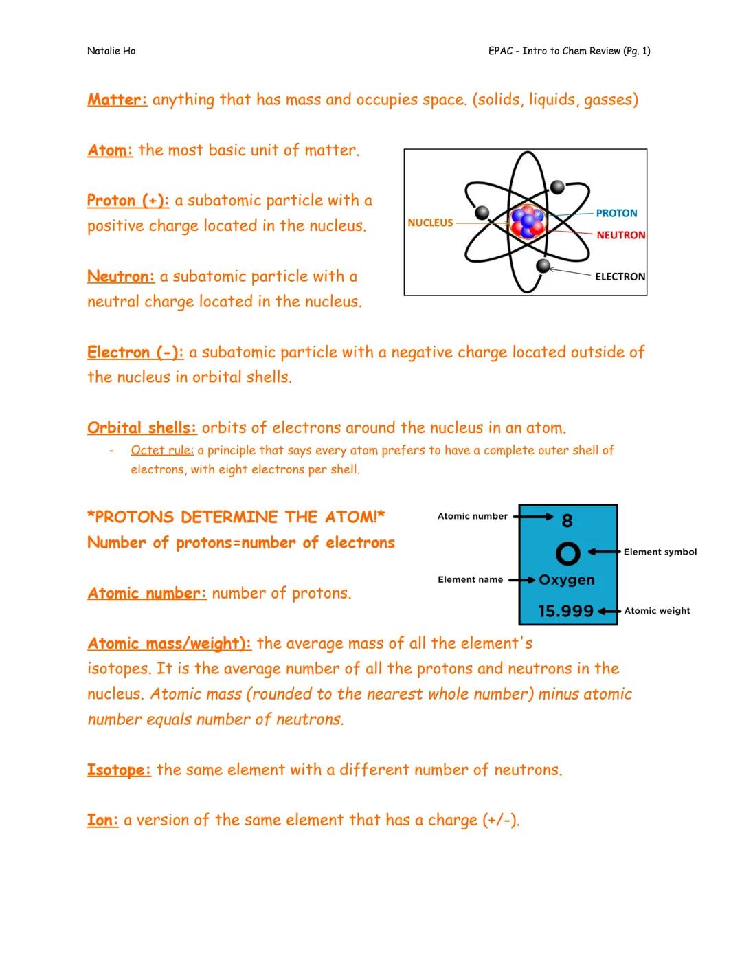 Natalie Ho
EPAC - Intro to Chem Review (Pg. 1)

Matter: anything that has mass and occupies space. (solids, liquids, gasses)

Atom: the most